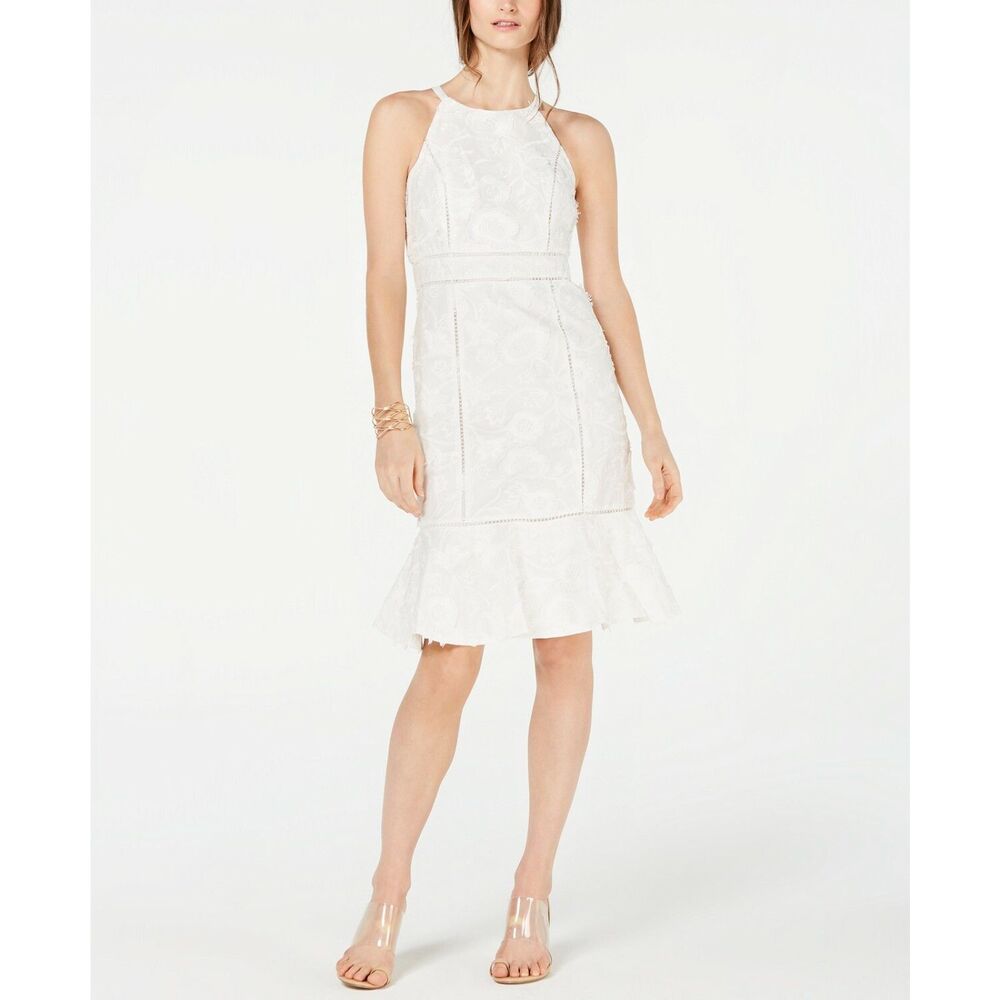 INC Women's Embroidered Halter White Sheath Flounce Dress Size 4P Fairy Coquette